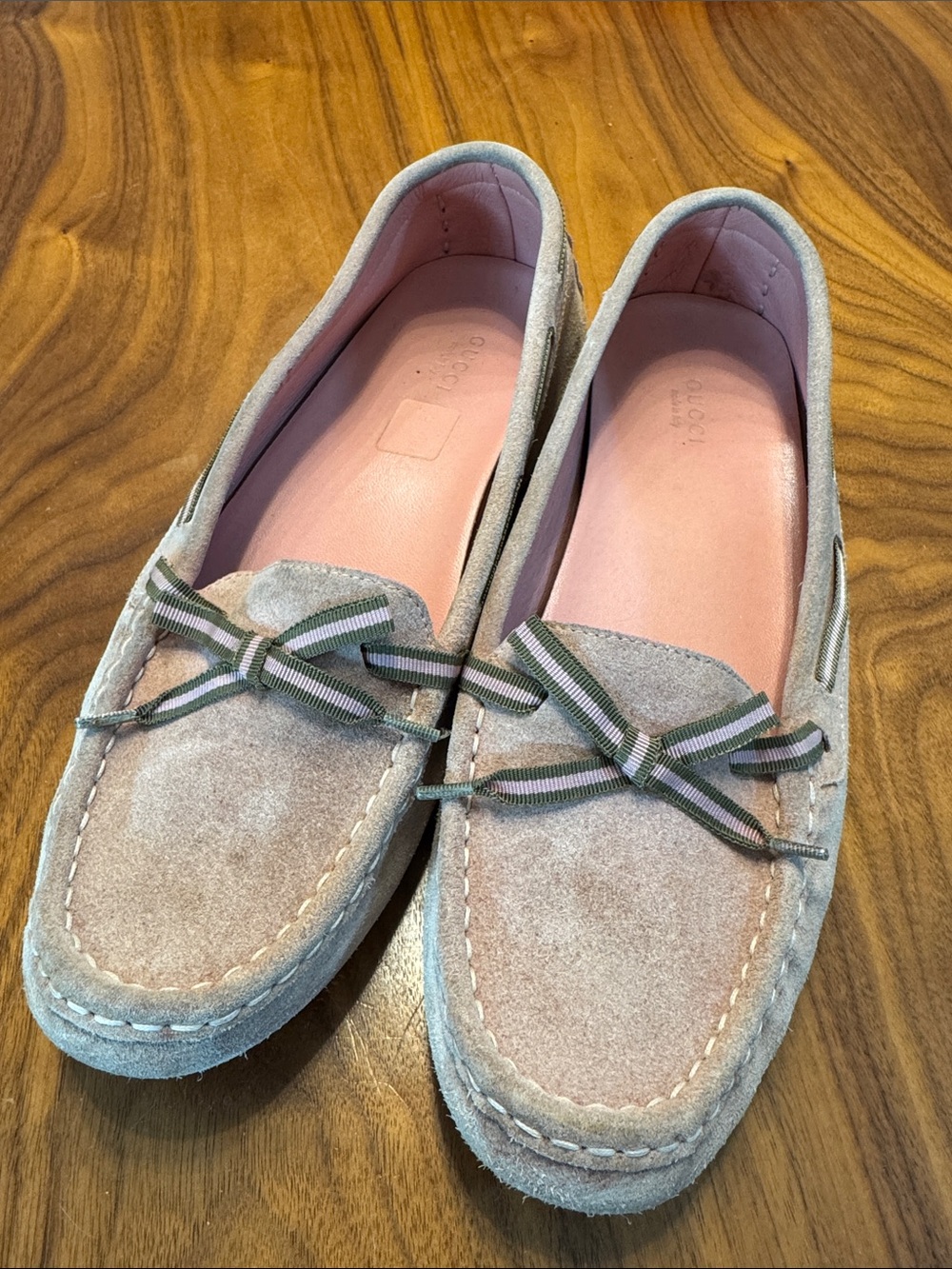 Gucci Pink Suede Bow Moccasins with Green-Trim Ribbon